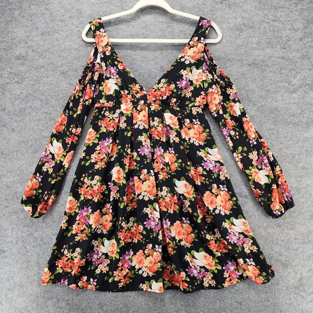 Midnight Doll Dress Womens Small V Neck Cold Shoulder Black Floral